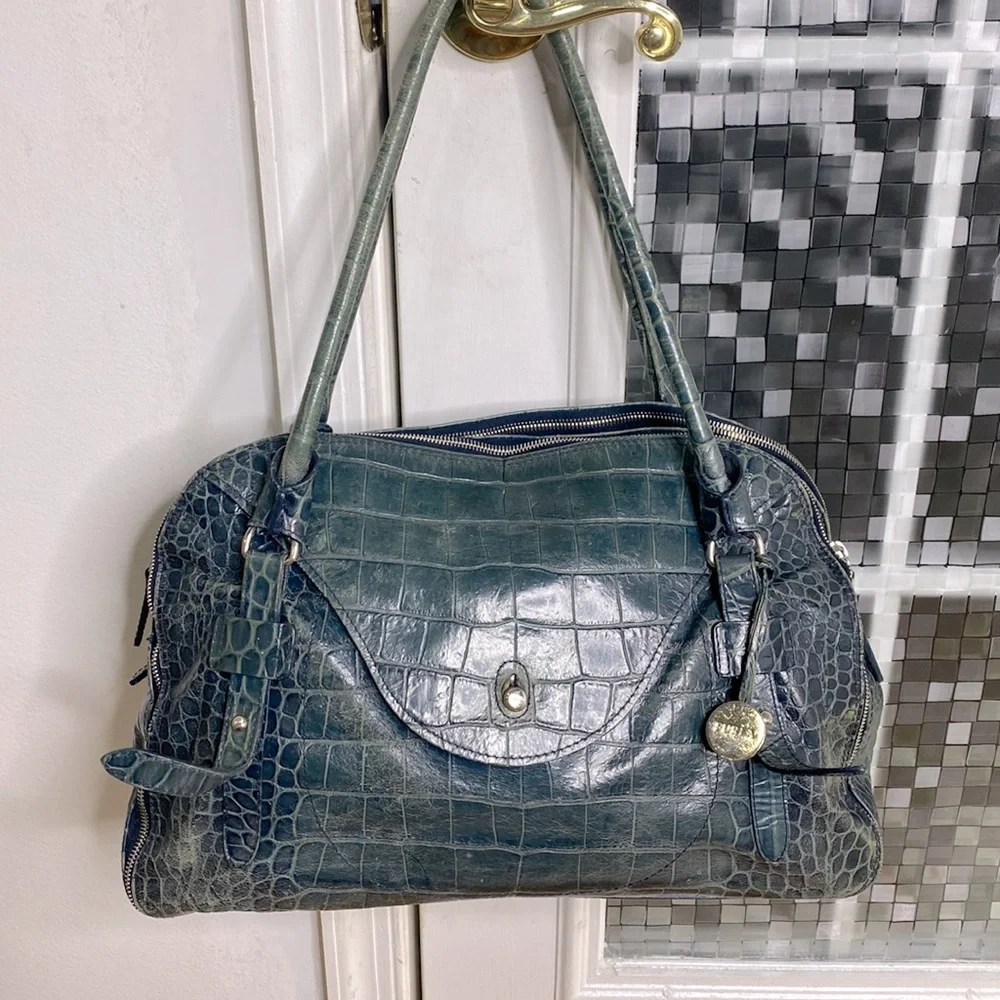 💕 Furla gorgeous turquoise crocodile Italian leather x large satchel bag 💕